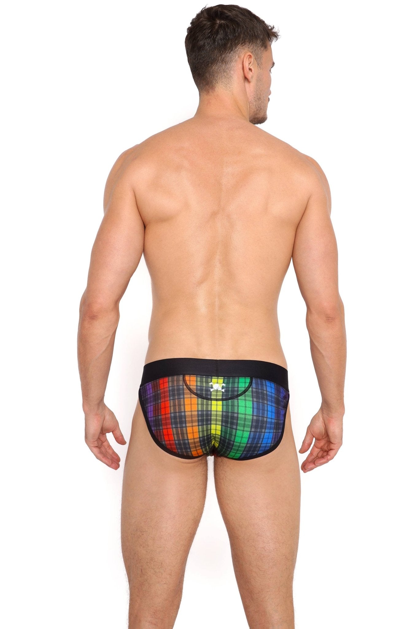Rainbow Tartan Plaid Sport Brief: SMALL - Vegas Pride Positions