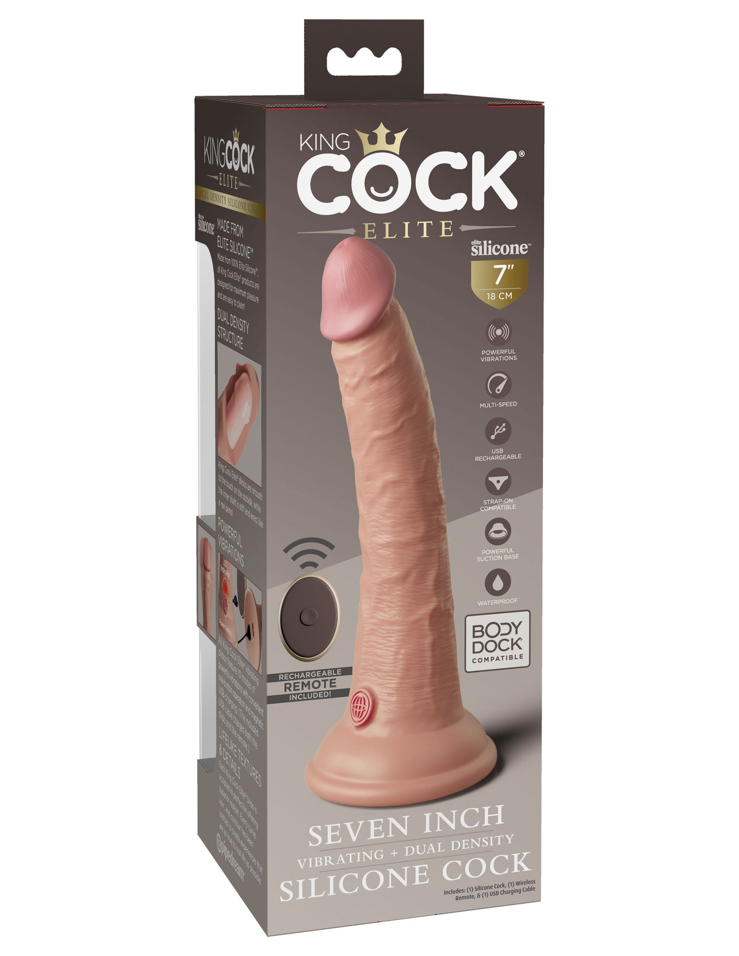 "King Cock Elite 7 Inch Vibrating Silicone Dual Density Cock With Remote - Light PD5777-21"