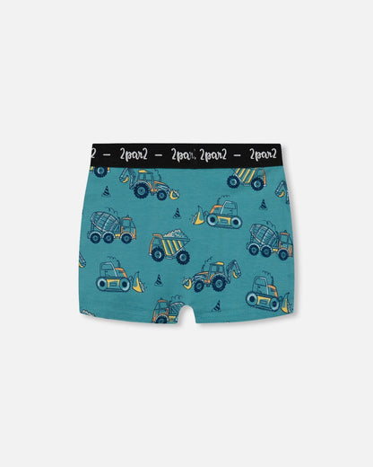 Printed Organic Cotton Boxer Shorts Teal With Yellow Truck