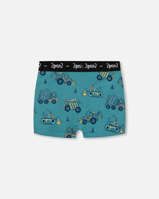 Printed Organic Cotton Boxer Shorts Teal With Yellow Truck